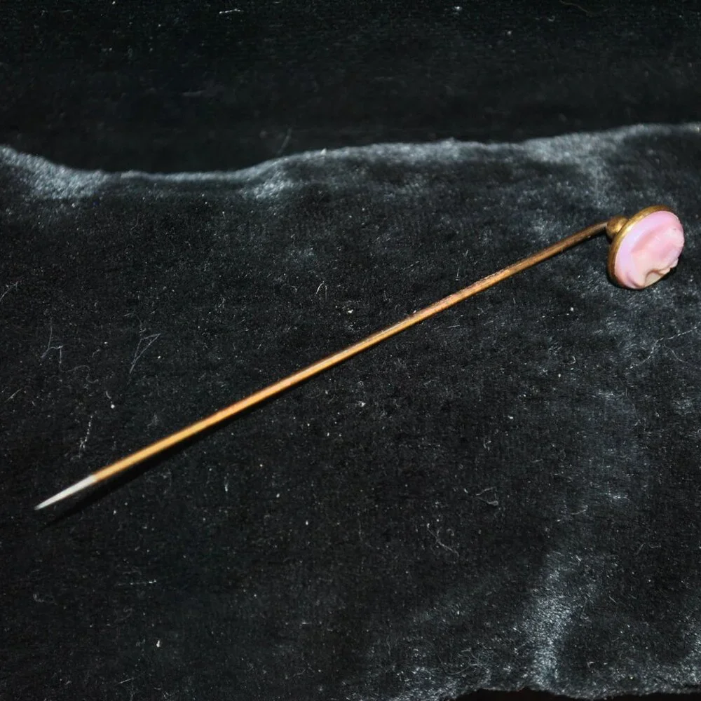 Antique Small Round Pink Glass Cameo Stick / Tie Pin